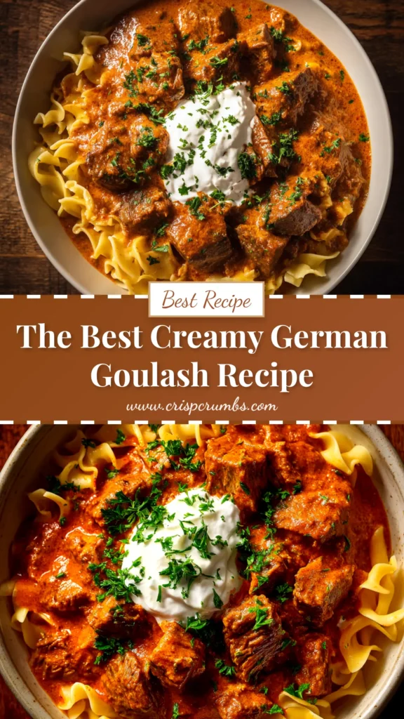 German Goulash: An Authentic, Hearty Recipe 4 A rich and hearty bowl of authentic German Goulash, featuring tender beef and a dark paprika gravy, served with fresh parsley.