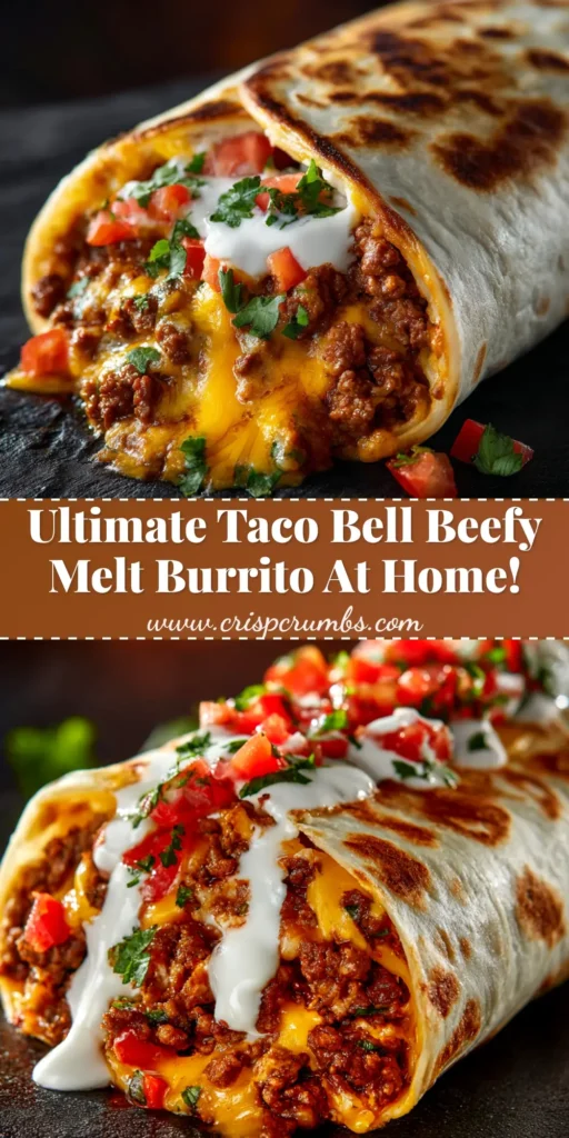 A golden-brown grilled Beefy Melt Burrito cut in half to show the inside layers of seasoned ground beef, melted cheese, and rice, placed on a wooden board.