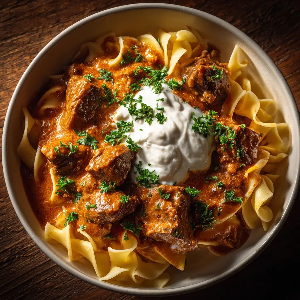 German Goulash: An Authentic, Hearty Recipe 1 A beautiful serving of German beef goulash in a rustic bowl, ready to be served with Spätzle or potatoes.
