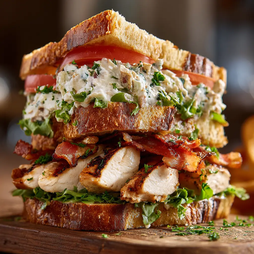 Loaded Chicken Club: The Ultimate Sandwich Recipe 1 The final assembled loaded chicken club sandwich before being sliced, showing the perfectly toasted sourdough bread and layers.