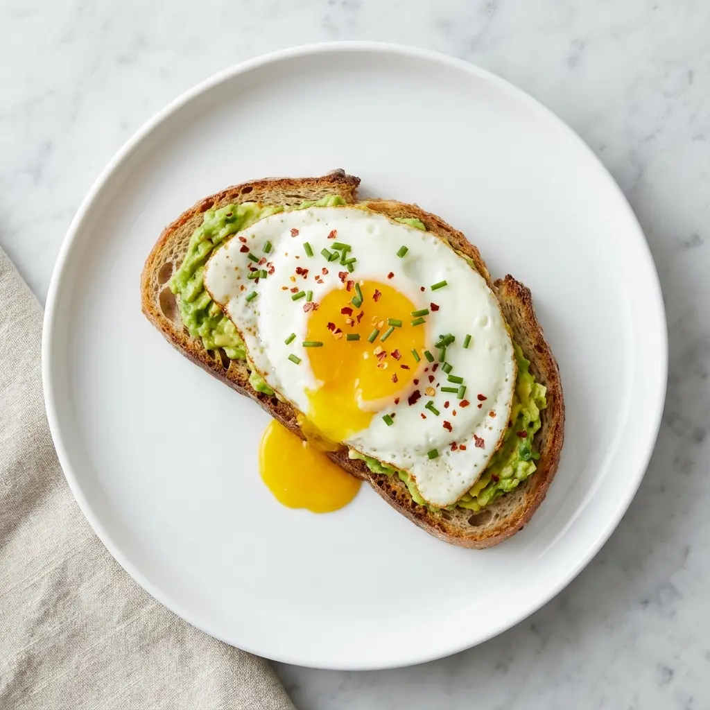 Avocado Toast with Egg Recipe: Your Ultimate Guide 1 Overhead shot of avocado toast with a fried egg on a white plate.
