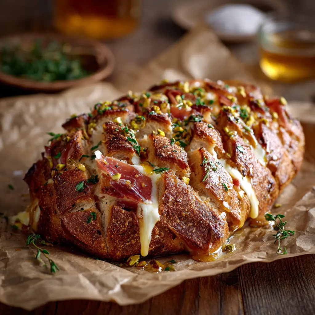 A close-up shot of the finished Brie Cheese Bread, golden brown and toasted, with the melted brie bubbling in the center.