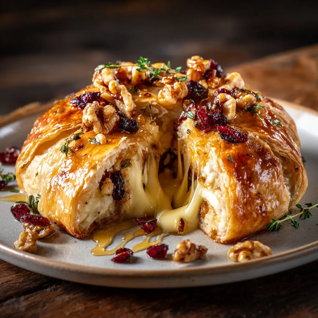 A slice being cut from the baked brie in puff pastry, with melted cheese oozing out.