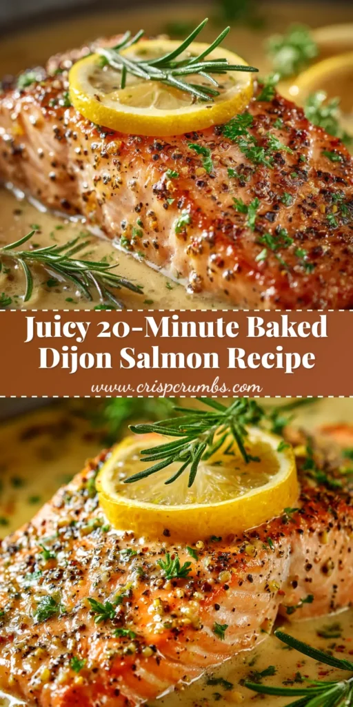 A close-up of a perfectly baked dijon salmon fillet on a plate, garnished with fresh parsley and a lemon wedge. The salmon is flaky and golden brown.