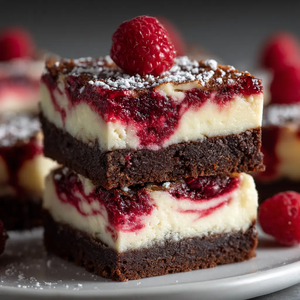 White Chocolate Raspberry Cheesecake Bars (The Best Recipe!) 1 An overhead view of the full pan of baked white chocolate raspberry cheesecake bars, displaying the beautiful, intricate raspberry swirl design.