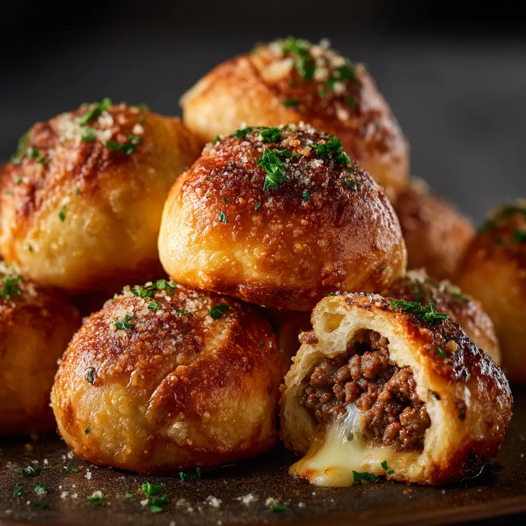 Garlic Parmesan Cheeseburger Bombs: The Ultimate Crowd-Pleaser 1 A collection of Garlic Parmesan Cheeseburger Bombs arranged on a baking sheet, ready to be served.