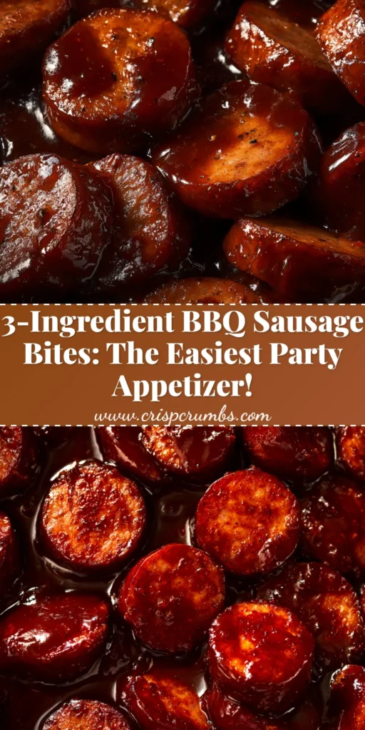 A shareable pin image of easy BBQ sausage bites in a white bowl with toothpicks, showing the caramelized glaze. The text overlay reads '3-Ingredient BBQ Sausage Bites'.