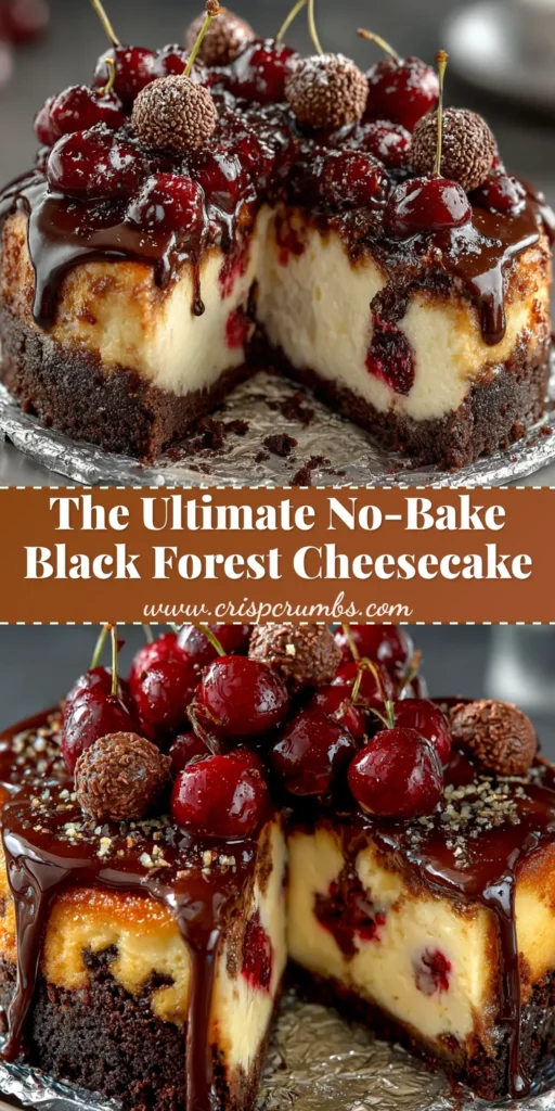 A decadent Black Forest Cheesecake on a cake stand, with a slice removed to show the rich chocolate filling and cherry layers. Topped with whipped cream, fresh cherries, and chocolate shavings.