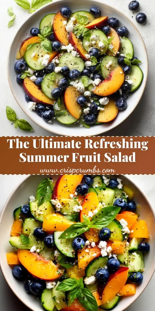 Blueberry Peach Feta Salad with Lemon-Herb Vinaigrette 3 An overhead shot of a large white bowl filled with Blueberry Peach Feta Salad, featuring fresh peaches, blueberries, greens, and toasted pecans. Perfect for a healthy summer meal.