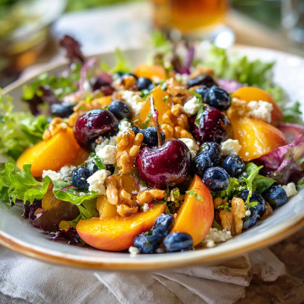 Blueberry Peach Feta Salad with Lemon-Herb Vinaigrette 1 A vibrant bowl of blueberry peach feta salad being drizzled with a homemade lemon-herb vinaigrette.