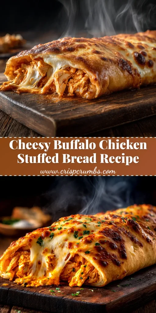 A delicious loaf of Buffalo Chicken Stuffed Bread, sliced to show the cheesy, spicy filling inside. The perfect appetizer for game day.