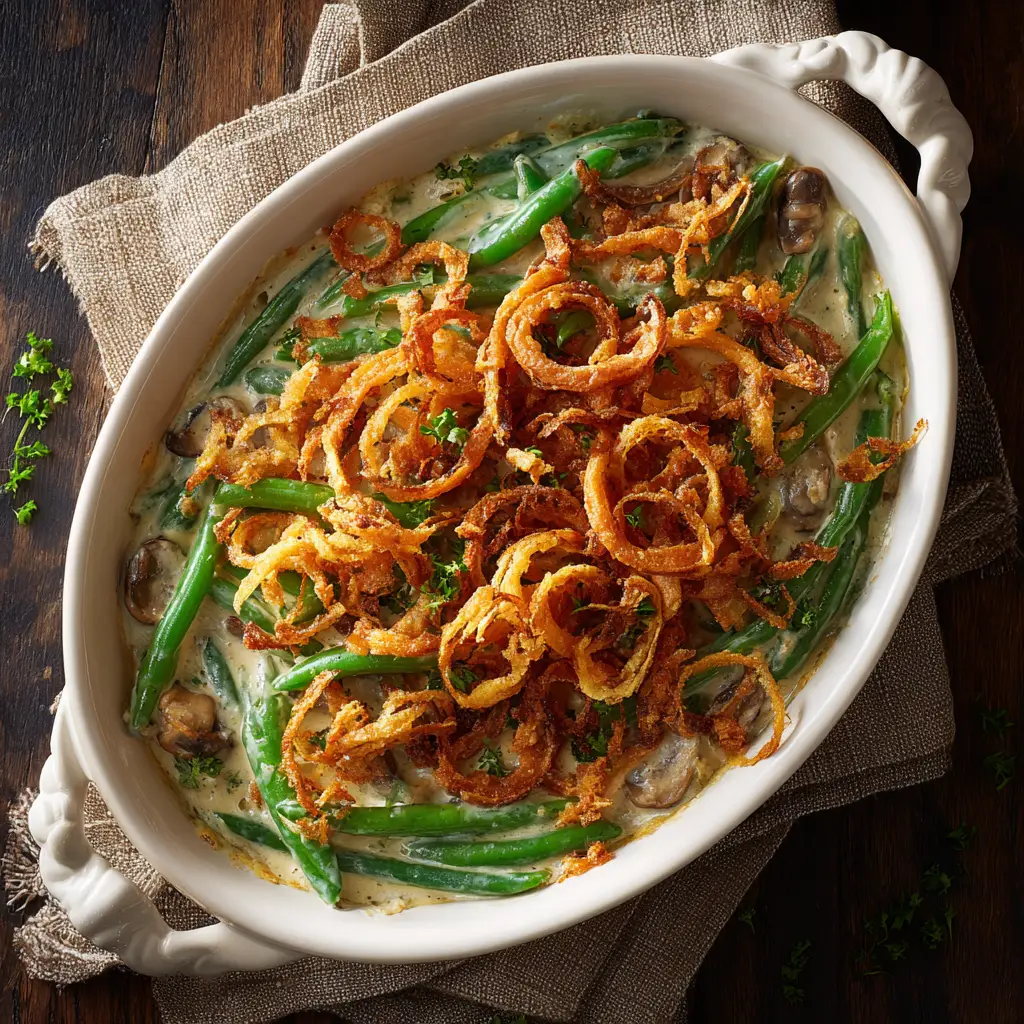 The ingredients for Campbell's Green Bean Casserole laid out, including a can of soup, green beans, milk, soy sauce, and French fried onions.