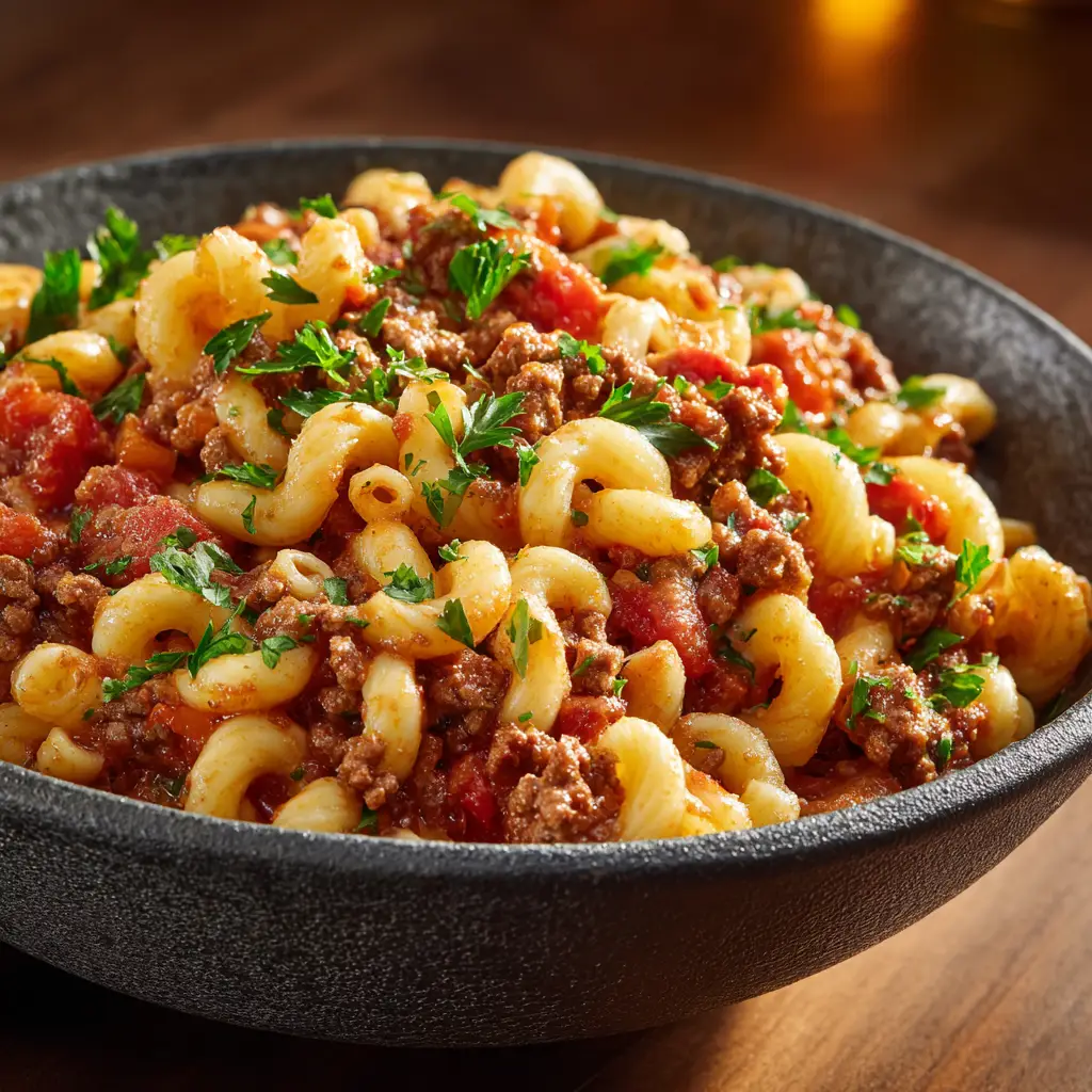 One Pot Beefaroni: The 30-Minute Comfort Food Classic 1 A spoonful of cheesy ground beef and pasta being lifted from a skillet of one-pot beefaroni, with cheese stretching.