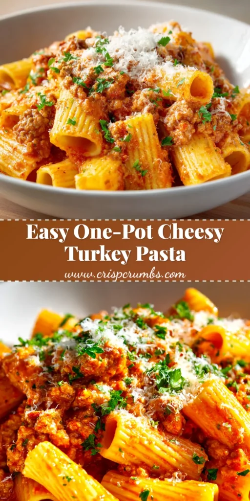 A large white bowl filled with cheesy ground turkey pasta, garnished with fresh parsley. The perfect easy weeknight dinner recipe that's packed with flavor and comfort.