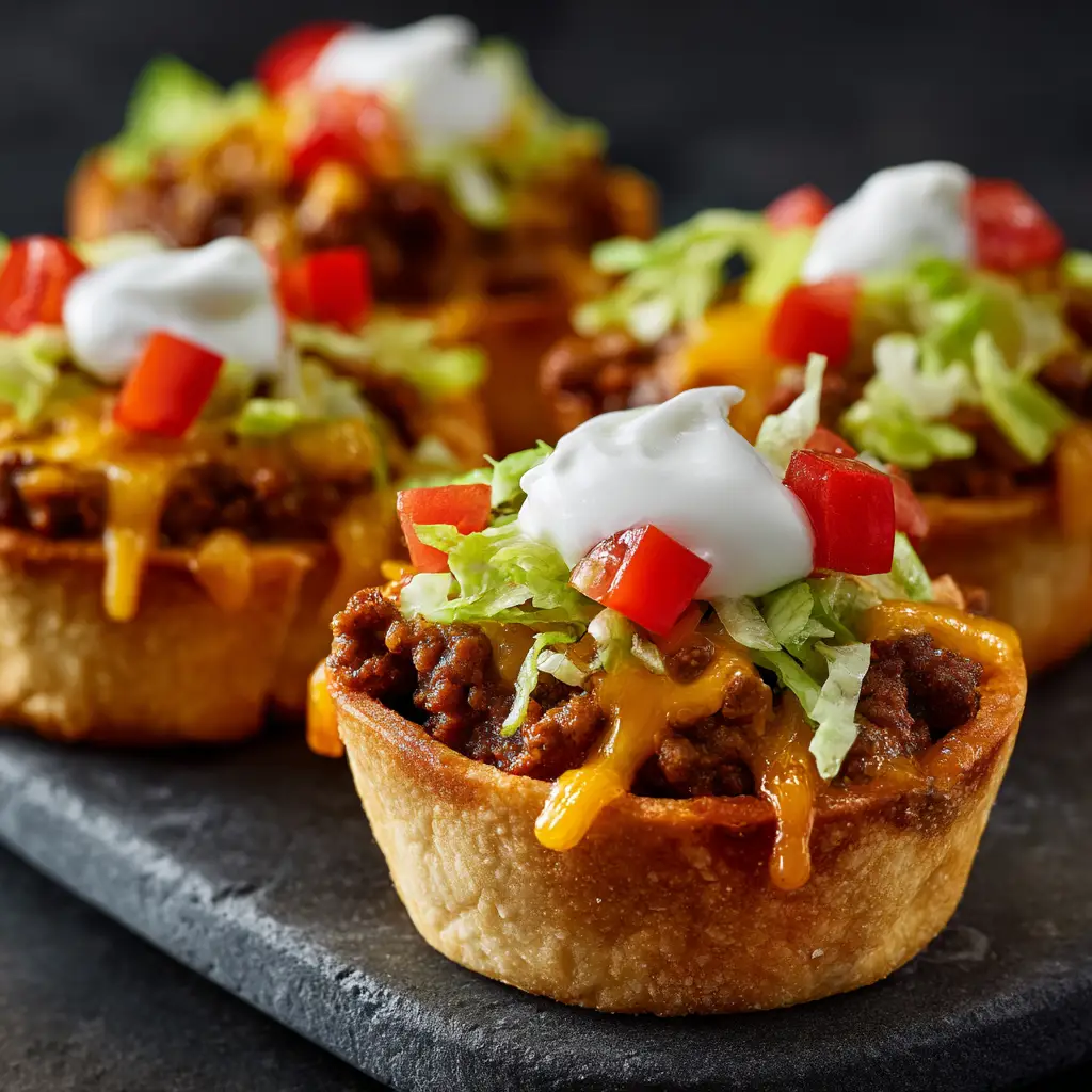 A platter of freshly baked cheesy taco cups, ready to be served. The muffin tin tacos are garnished with fresh cilantro, making them a vibrant and appealing appetizer.