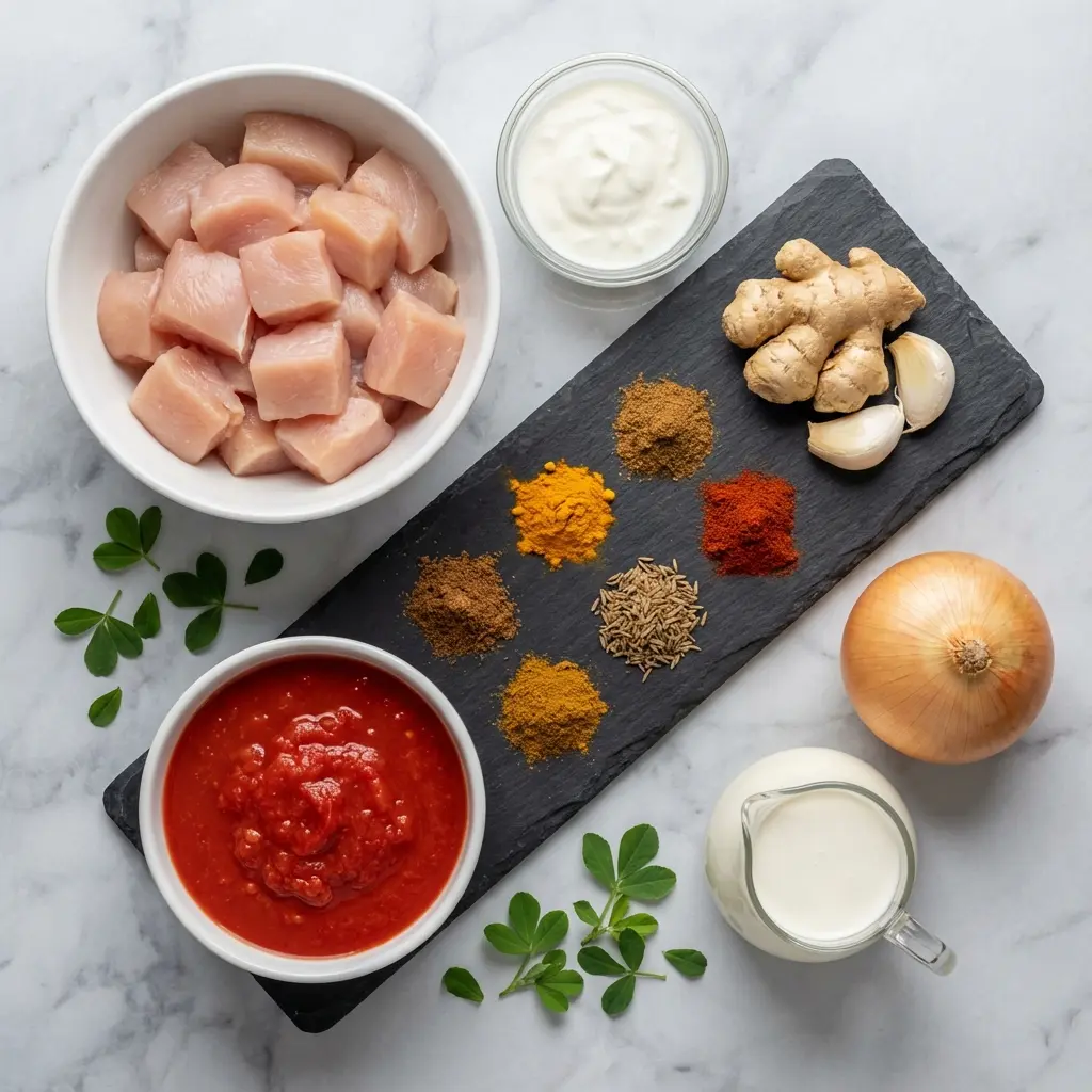 Chicken Tikka Masala Meal Prep: The Ultimate Weekly Recipe 1 An overhead shot of the ingredients for chicken tikka masala, including chicken, yogurt, tomatoes, onion, and spices.