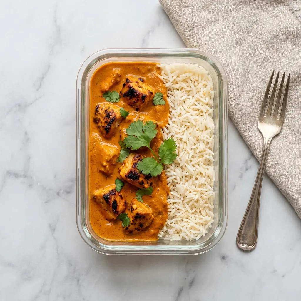 Chicken Tikka Masala Meal Prep: The Ultimate Weekly Recipe 3 An overhead flat lay of a chicken tikka masala meal prep container with rice and a garnish of cilantro.
