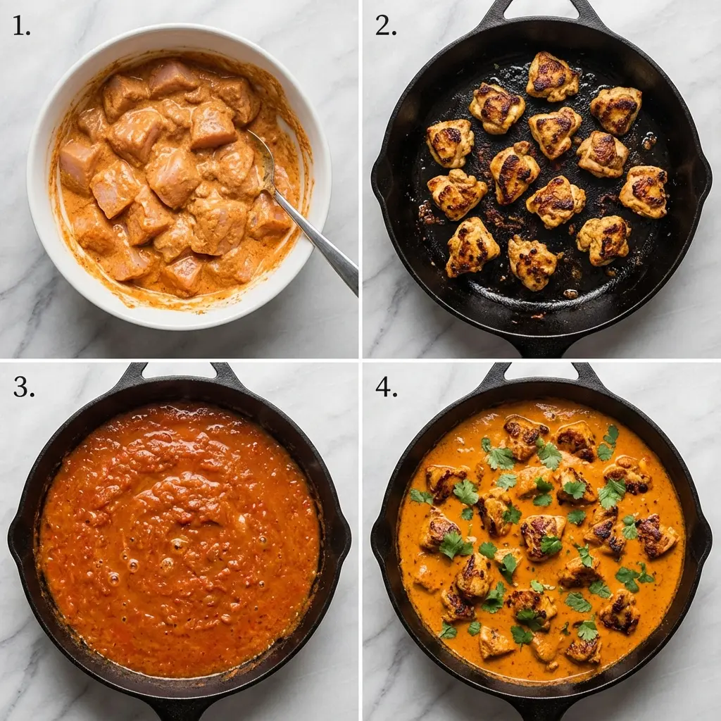 Chicken Tikka Masala Meal Prep: The Ultimate Weekly Recipe 2 A 4-panel image showing the steps to make chicken tikka masala: marinating chicken, searing chicken, making the sauce, and combining.