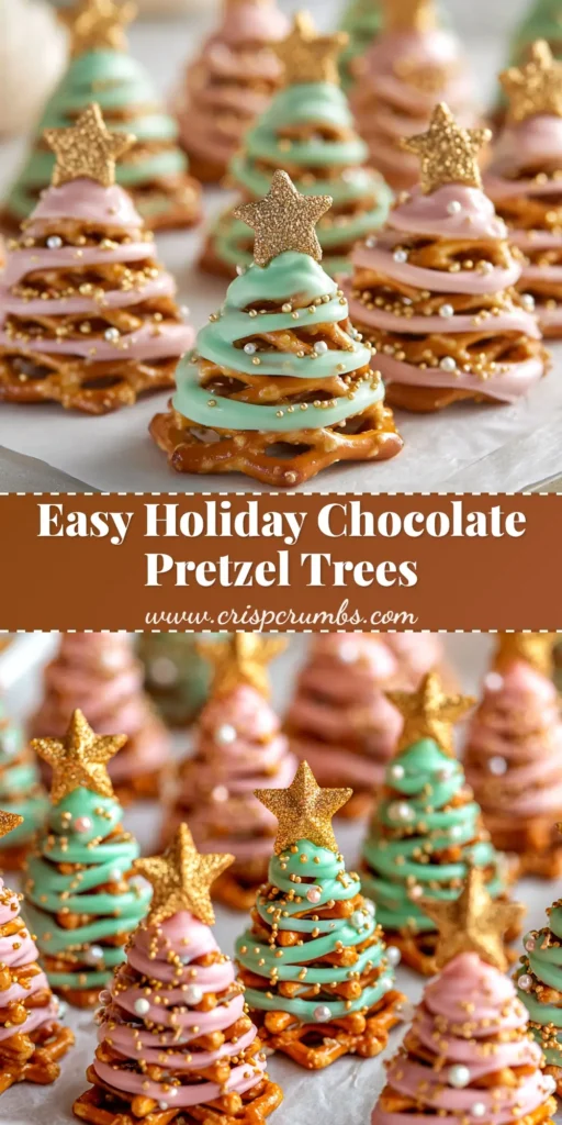 Chocolate Pretzel Trees: The Easiest Holiday Treat! 4 A close-up of festive Chocolate Pretzel Trees arranged on a platter. The green candy-coated pretzels are decorated with colorful Christmas sprinkles and a yellow star on top.