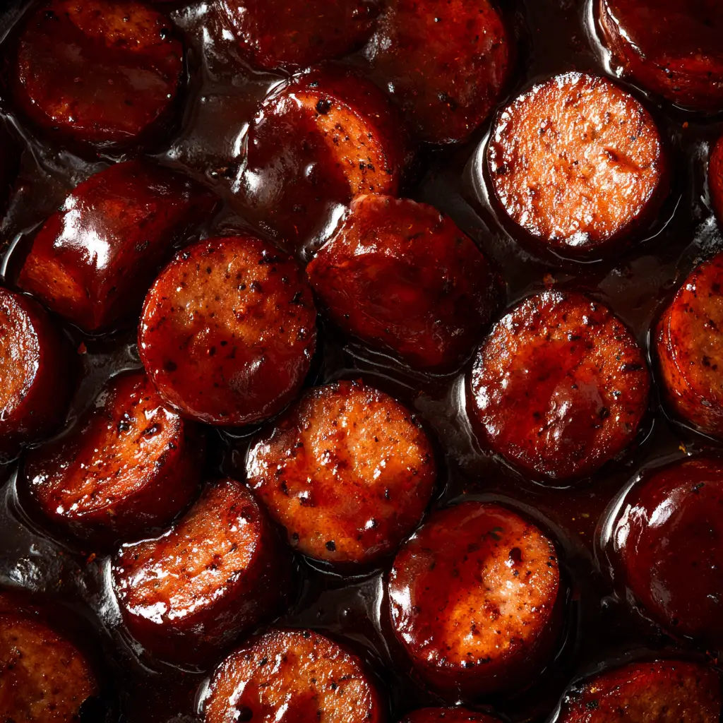 A cast-iron serving dish filled with cocktail sausages in a sweet and tangy BBQ sauce, ready to be served.