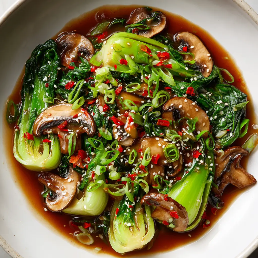Bok Choy and Mushroom Stir Fry (Ready in 15 Minutes!) 1 A close-up of the baby bok choy and sliced cremini mushrooms being stir-fried with garlic and ginger in a hot wok.