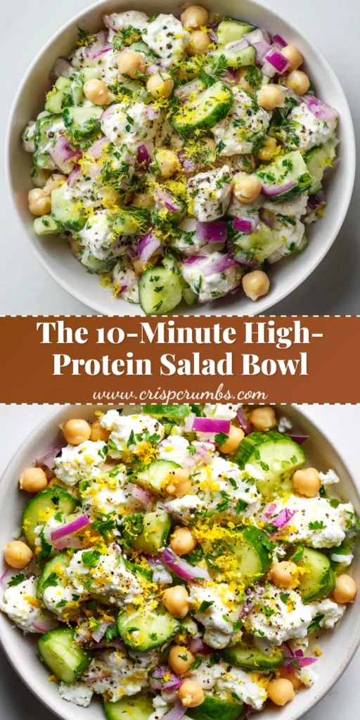 Cottage Cheese Chickpea Salad (The Creamiest, High-Protein Lunch!) 3 A bright overhead shot of a creamy Cottage Cheese Chickpea Salad served in a white bowl with fresh dill, ready to be eaten.