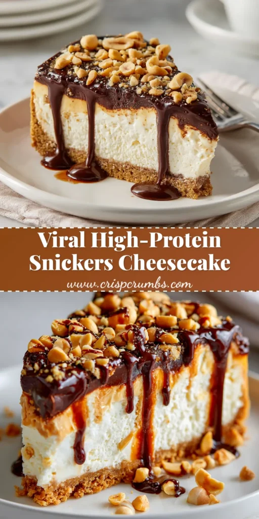Cottage Cheese Snickers Dessert (Viral TikTok Recipe) 4 A close-up shot of a cut slice of the Cottage Cheese Snickers Dessert, showing the distinct layers of creamy base, caramel, peanuts, and a dark chocolate topping.