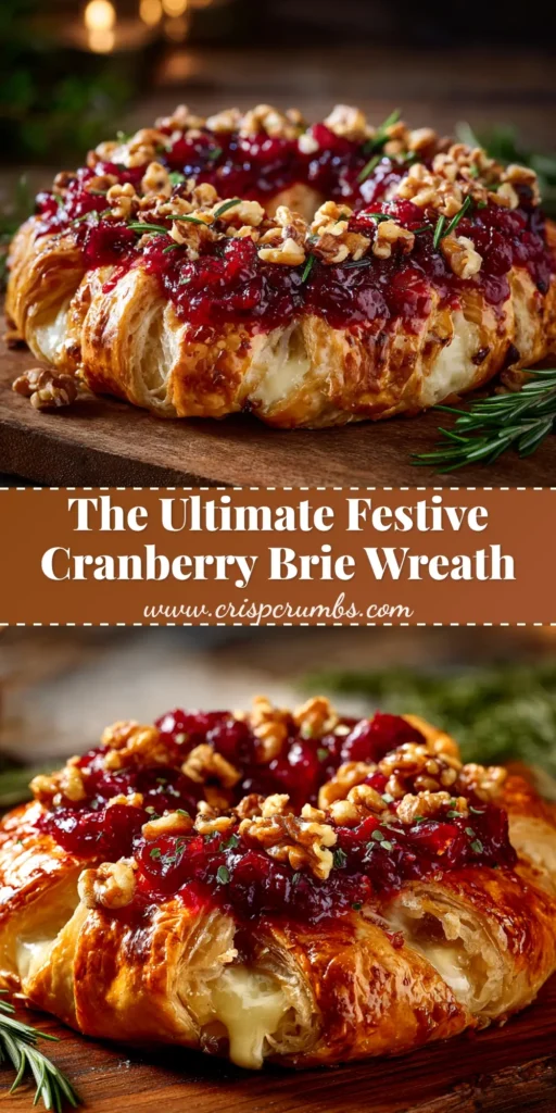 A stunning, golden-brown baked Cranberry Brie Wreath appetizer garnished with fresh rosemary, ready to be served for a festive holiday party.