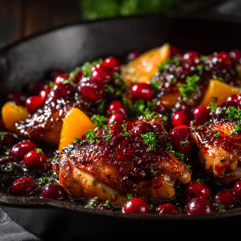 The vibrant cranberry orange sauce simmering in a skillet with fresh rosemary before the chicken is added back in.