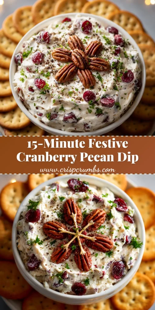 Cranberry Pecan Cream Cheese Dip (The Ultimate Holiday Appetizer) 3 A festive Cranberry Pecan Cream Cheese Dip served on a white plate with crackers. The cream cheese block is topped with a vibrant mixture of red cranberries and chopped pecans.