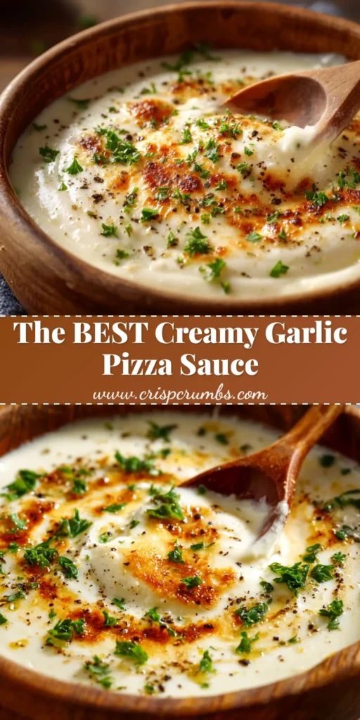 A delicious homemade pizza with a creamy white garlic sauce for pizza, topped with cheese and fresh herbs, ready to be sliced.
