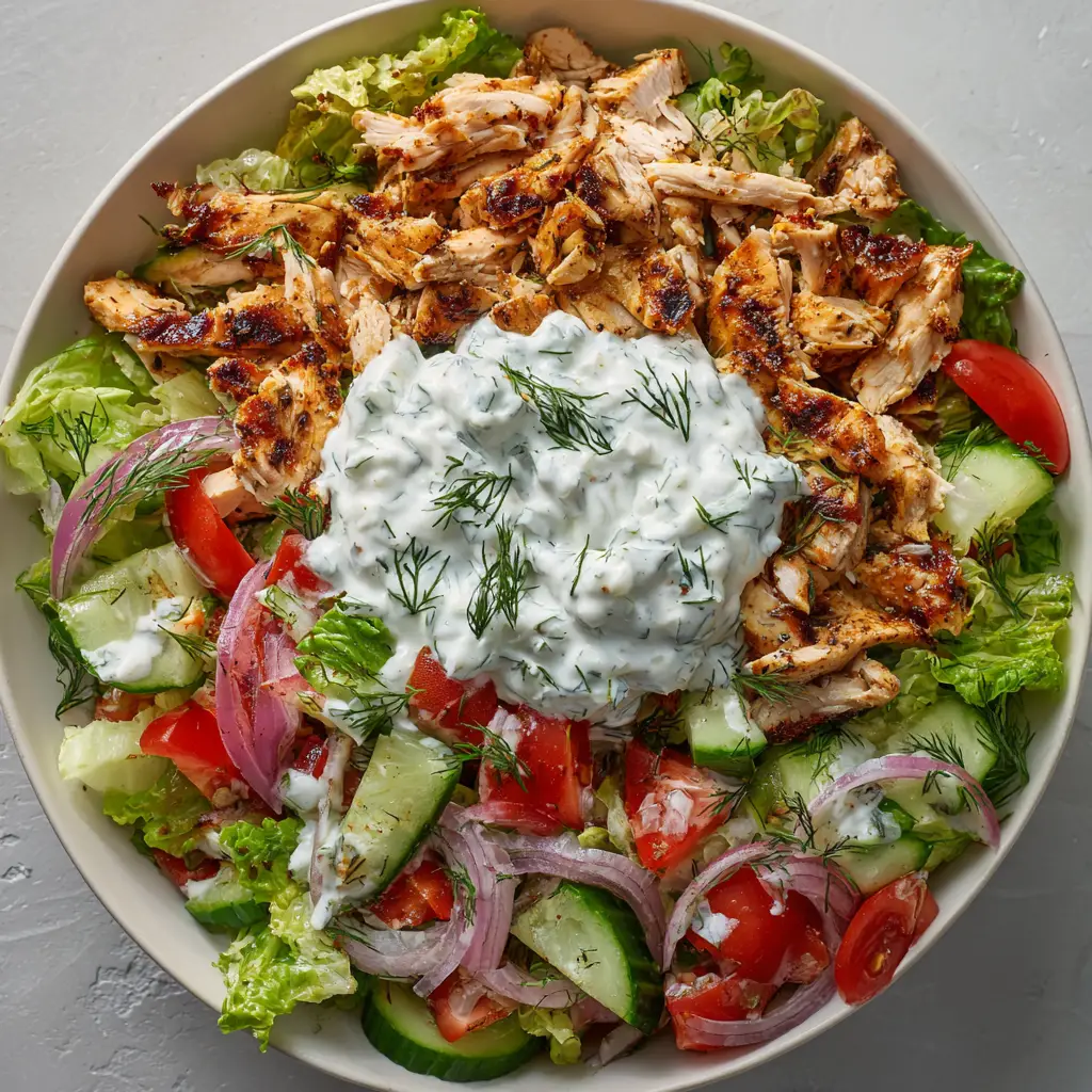 Tzatziki Chicken Salad: A Refreshing & Easy Recipe 1 A close-up shot of the finished Tzatziki Chicken Salad in a bowl, showing its creamy texture and fresh dill.
