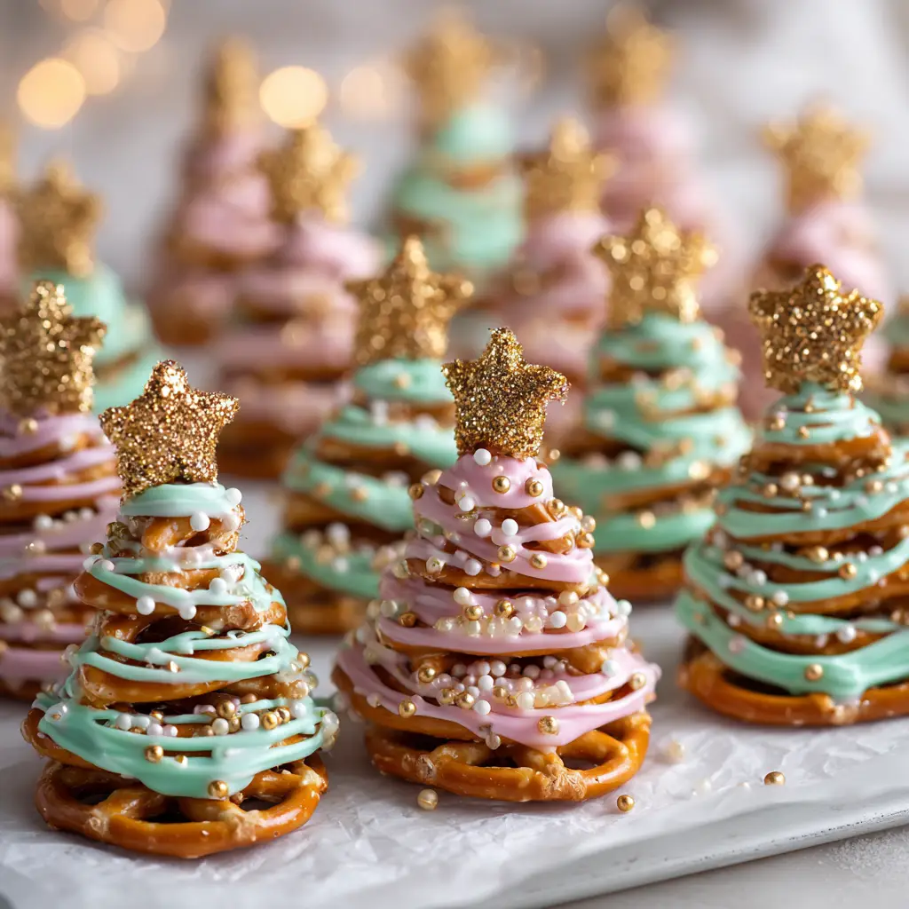 Chocolate Pretzel Trees: The Easiest Holiday Treat! 1 A step-by-step image showing Chocolate Pretzel Trees being decorated with colorful sprinkles on a sheet of parchment paper. Illustrates the fun, kid-friendly nature of the recipe.