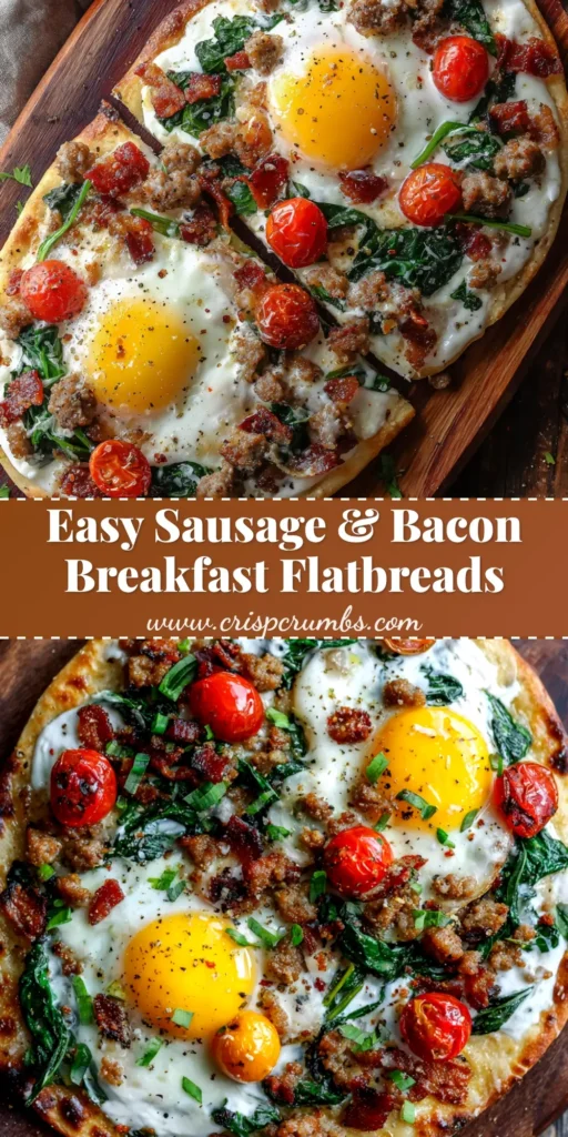 An overhead shot of two delicious breakfast flatbreads on a wooden board, topped with eggs, bacon, cheese, and fresh herbs. The ultimate quick and easy breakfast recipe.