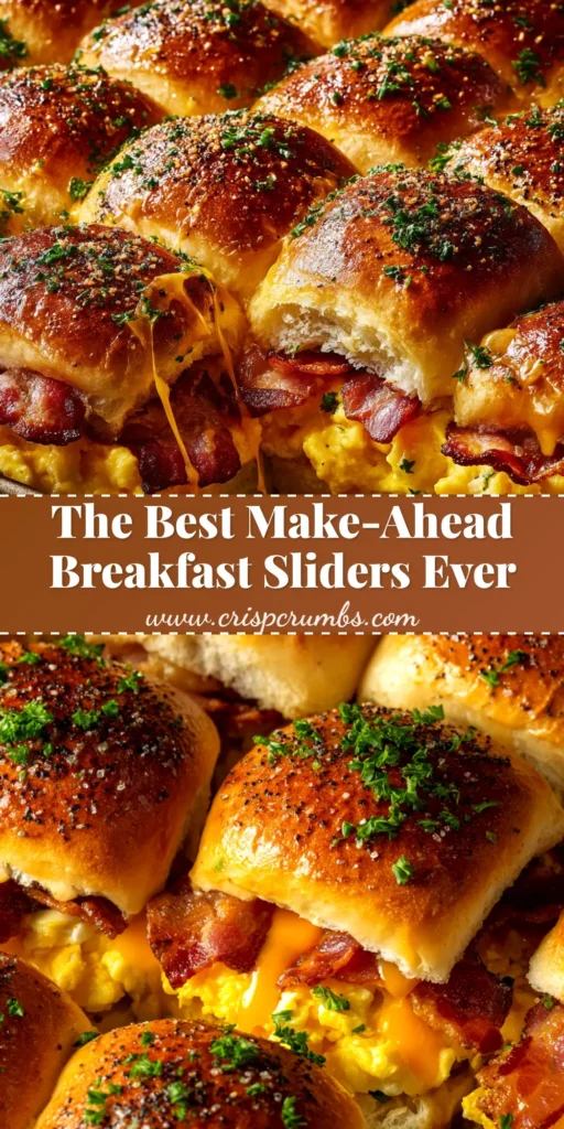 A pan of freshly baked breakfast sliders with golden brown tops, filled with sausage, egg, and melted cheese, ready to be served.