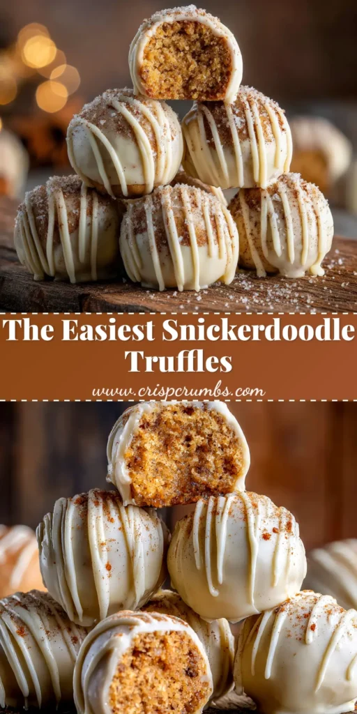 An overhead shot of easy no-bake snickerdoodle truffles on a white plate. The truffles are coated in white chocolate and dusted with cinnamon sugar.