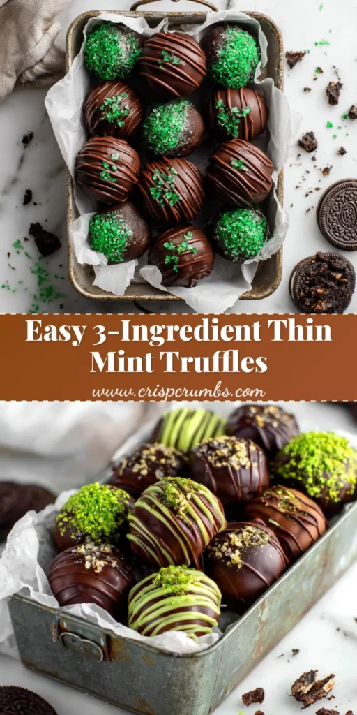 Easy 3-ingredient Thin Mint Truffles recipe on a serving platter. The perfect no-bake dessert made from Girl Scout cookies.