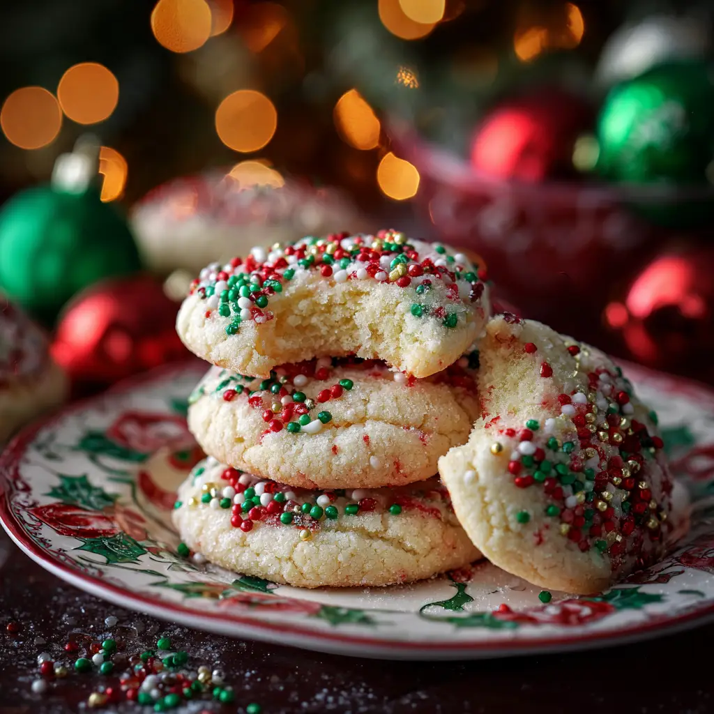 Christmas Sprinkle Cookies: The Easiest No-Spread Recipe 1 A stack of festive funfetti cookies for Christmas, showcasing their buttery crumb and vibrant sprinkles against a holiday-themed background.