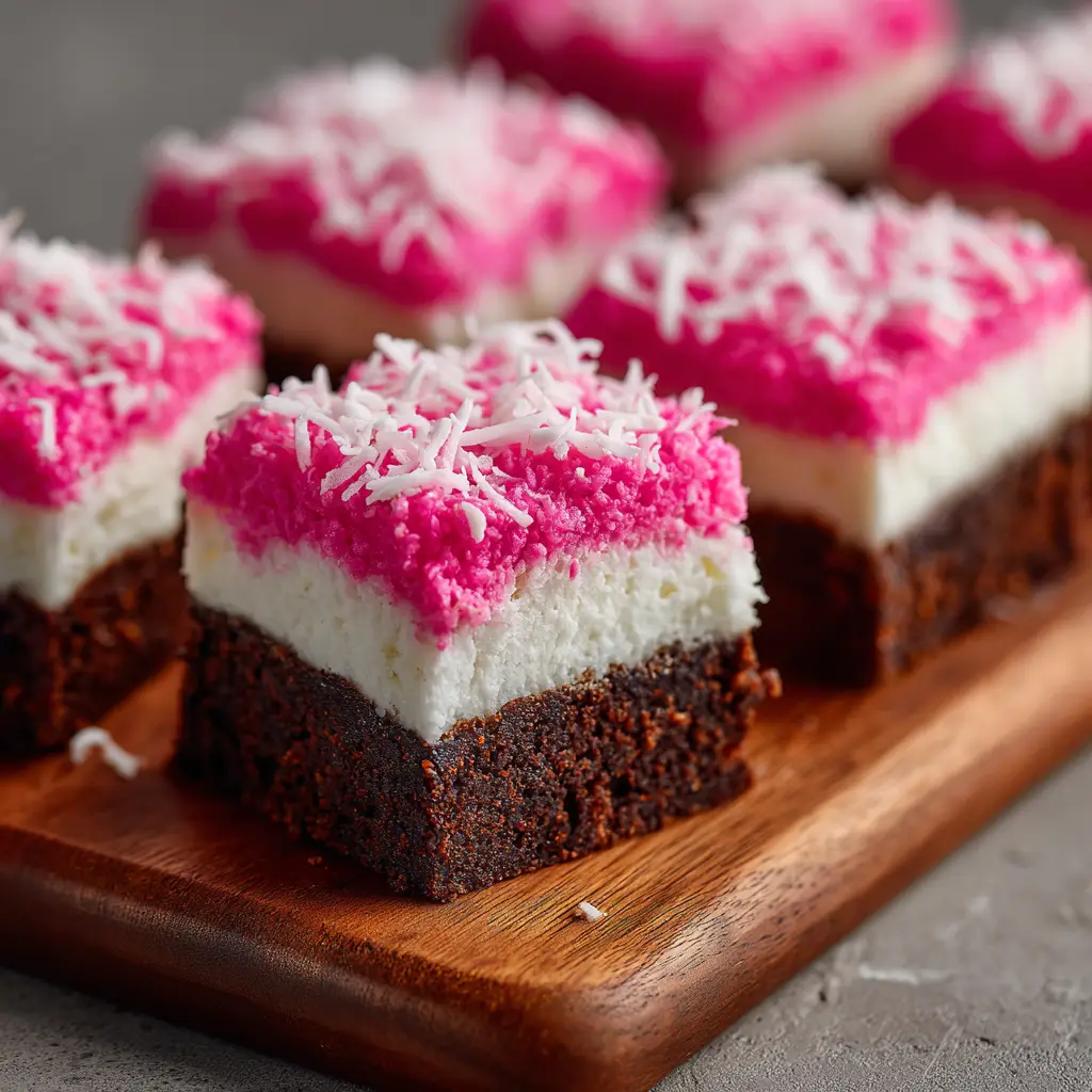 A lifestyle shot of Pink Coconut Snowball Cake Bars on a decorative plate, ready to be served at a party. The festive dessert bars are the focus of the image.