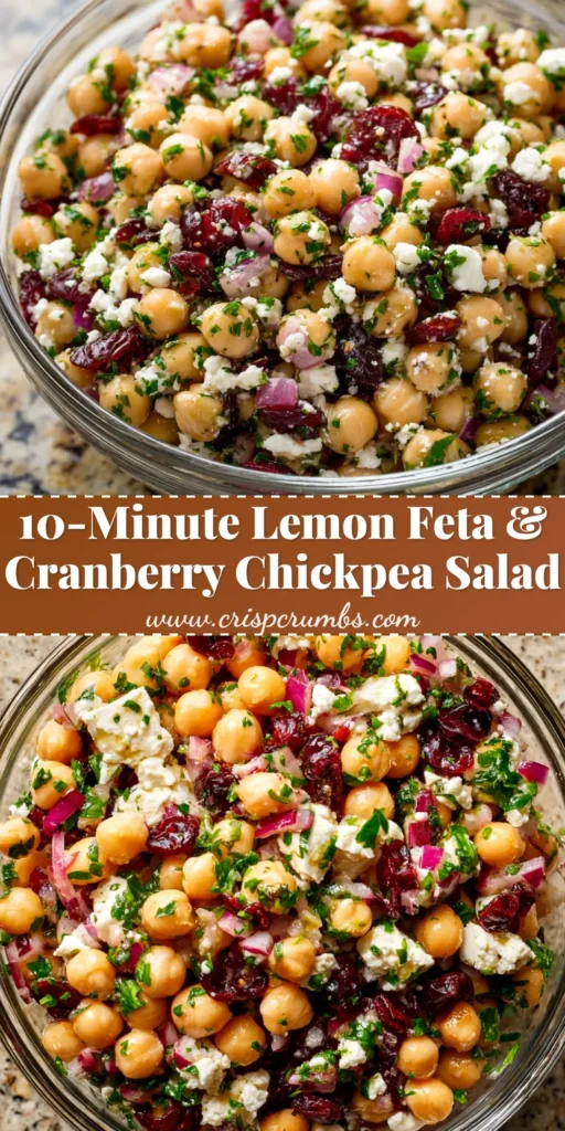 A close-up shot of a bowl of feta and cranberry chickpea salad, ready to be served. The text overlay reads 'Sweet & Salty Chickpea Salad'.