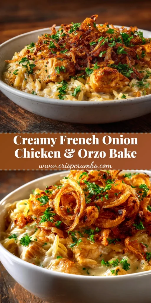 A top-down view of a French Onion Chicken Orzo Casserole in a cast-iron skillet, topped with golden-brown bubbly Gruyère cheese and fresh parsley.