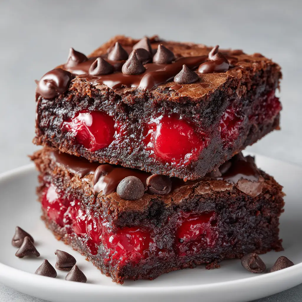 A batch of freshly baked Fudgy Cherry Brownies in a baking pan, ready to be sliced.