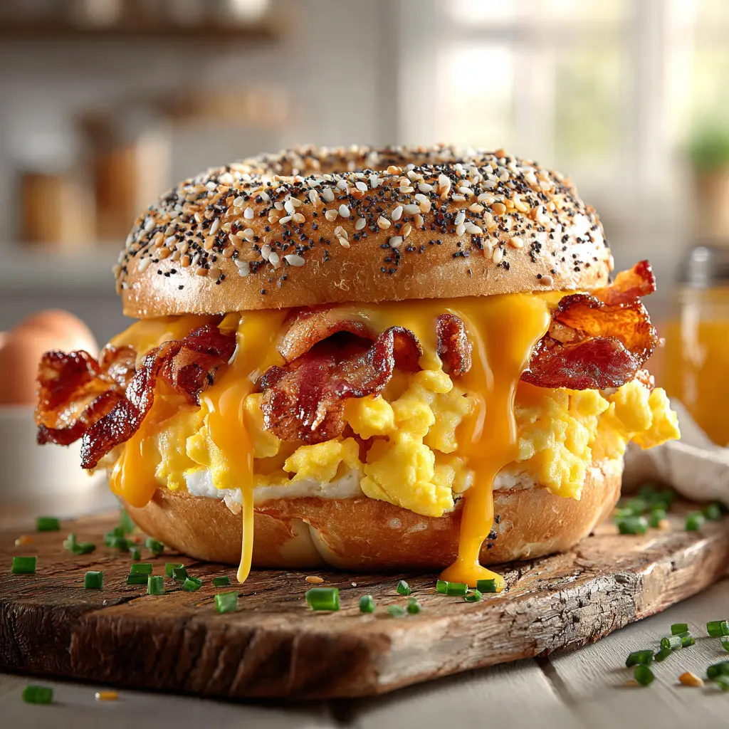 A close-up of a perfectly fried egg on top of a toasted bagel, ready for a homemade breakfast sandwich.