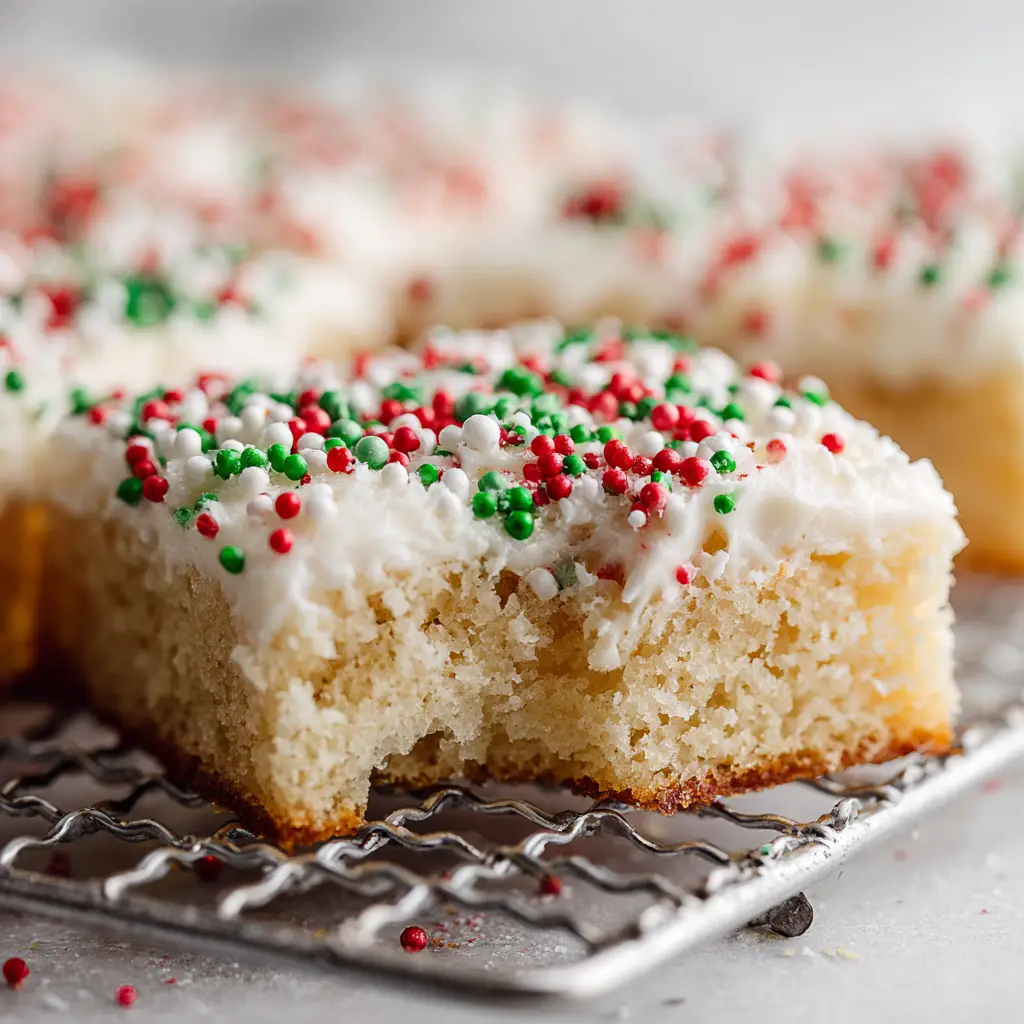 A close-up view of the corner of a pan of frosted sugar cookie bars, emphasizing the thick, golden-brown cookie base and the generous layer of frosting.