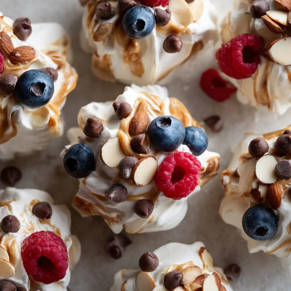 A second overhead view of frozen yogurt bites, showcasing different variations with chocolate and berry toppings on a rustic background.