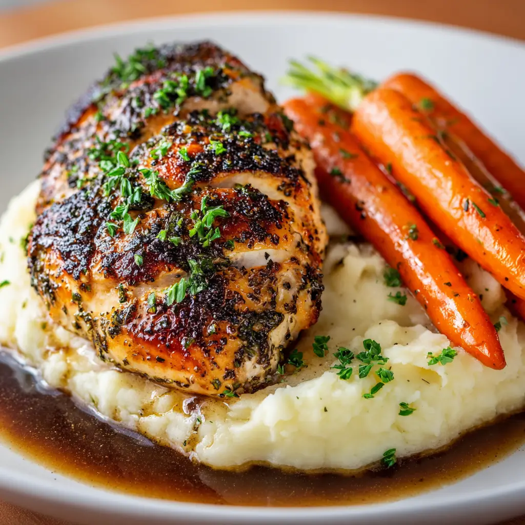 A plate of sliced garlic herb chicken next to roasted asparagus and mashed potatoes.