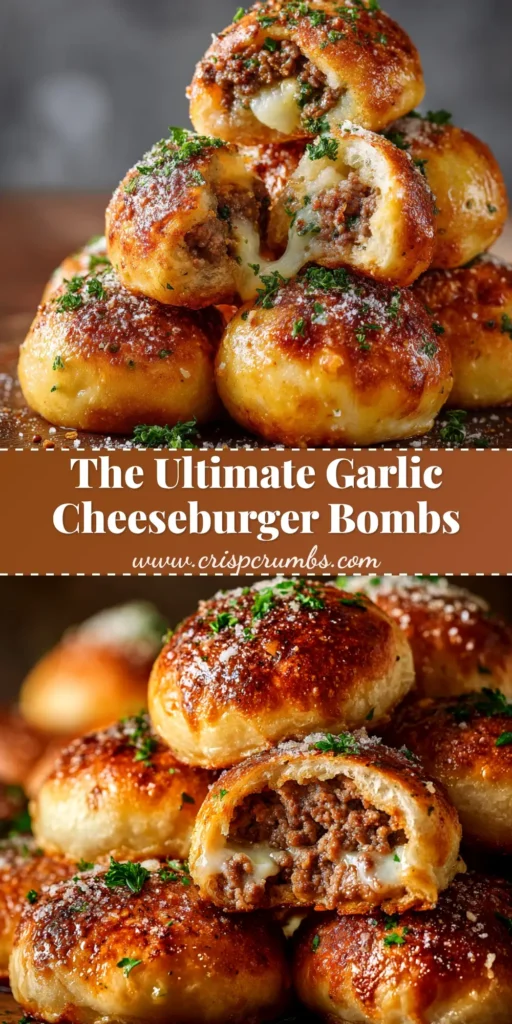 Garlic Parmesan Cheeseburger Bombs: The Ultimate Crowd-Pleaser 3 A platter of golden-brown Garlic Parmesan Cheeseburger Bombs, with one broken open to show the cheesy, beefy filling. Perfect appetizer for a party.