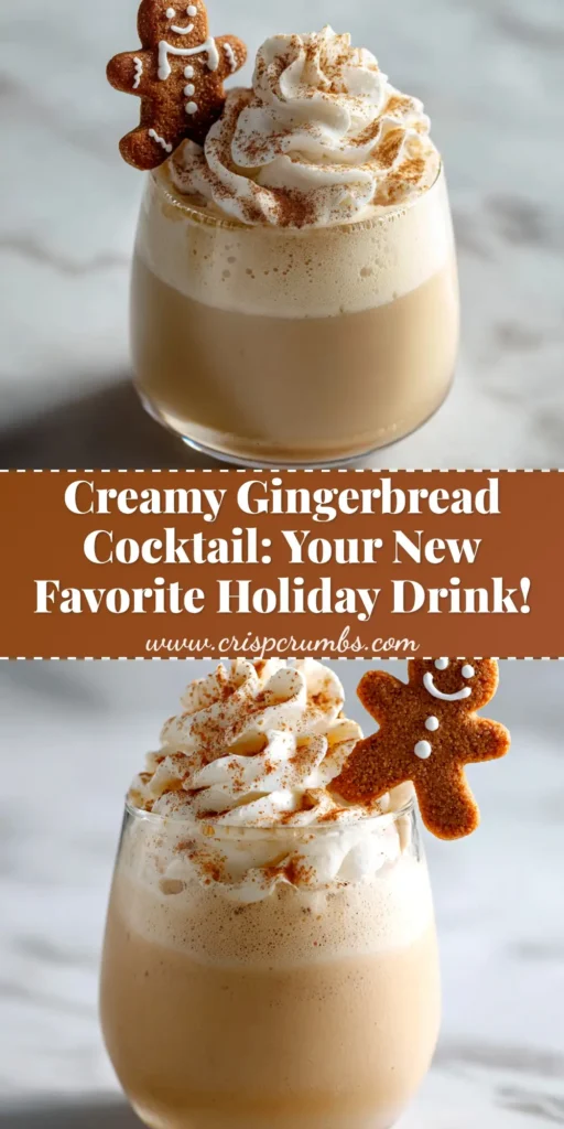 A festive Gingerbread Cocktail in a coupe glass, garnished with a mini gingerbread man cookie and a cinnamon stick, against a cozy holiday background.
