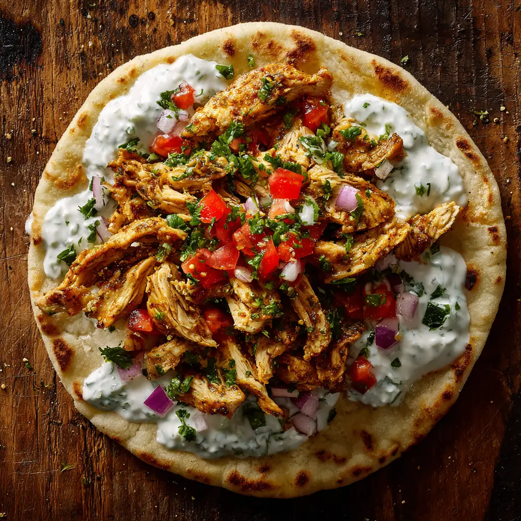 Another overhead perspective of a delicious Greek Chicken Gyro, emphasizing the creamy tzatziki sauce drizzled over the seasoned chicken.