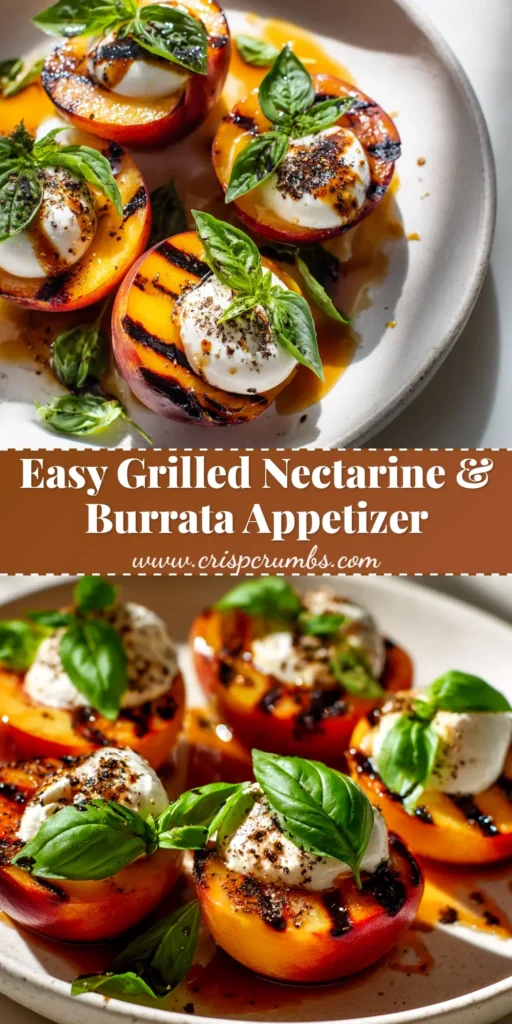 An overhead shot of Grilled Nectarines with Burrata on a rustic platter. The caramelized nectarines are topped with creamy burrata, fresh basil, and a drizzle of honey.